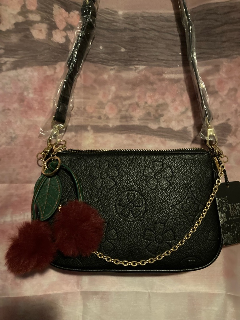 Source Unknown Black Floral-Embossed Crossbody Bag with Red Pom Charm - Picture 2 of 2